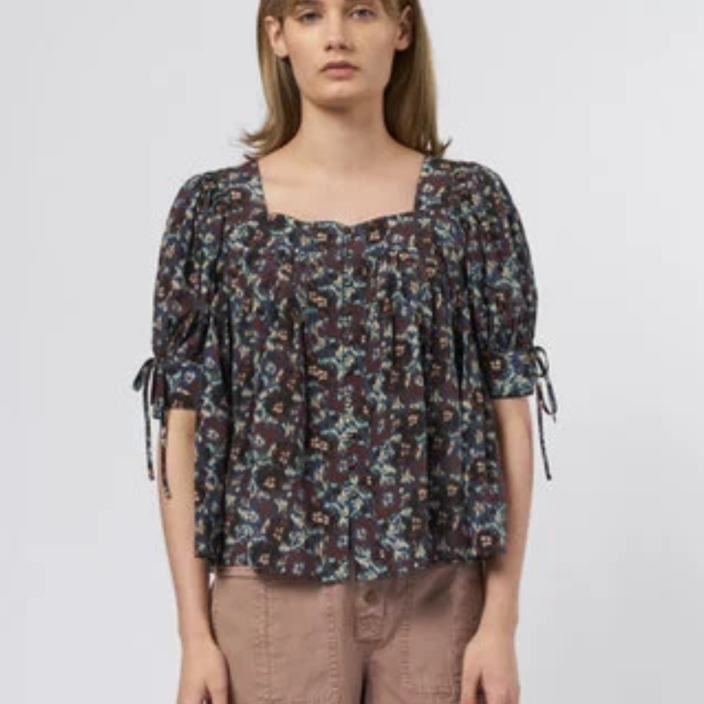 ULLA JOHNSON Lorraine Cobalt Pleated Blouse Floral Silk Top Puff Sleeves Size 6